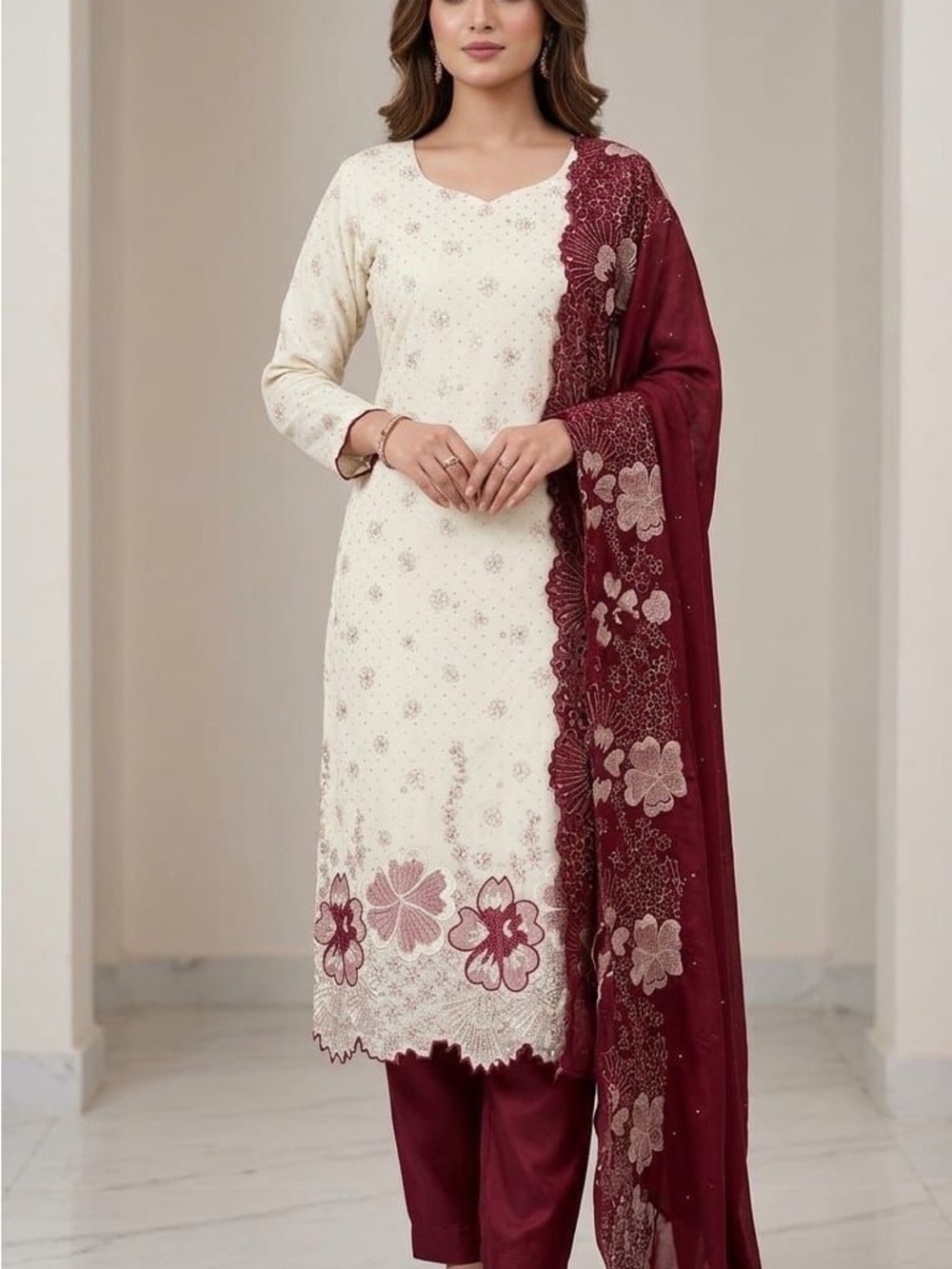 Cream Embroidered Salwar Kameez with Maroon Floral Dupatta